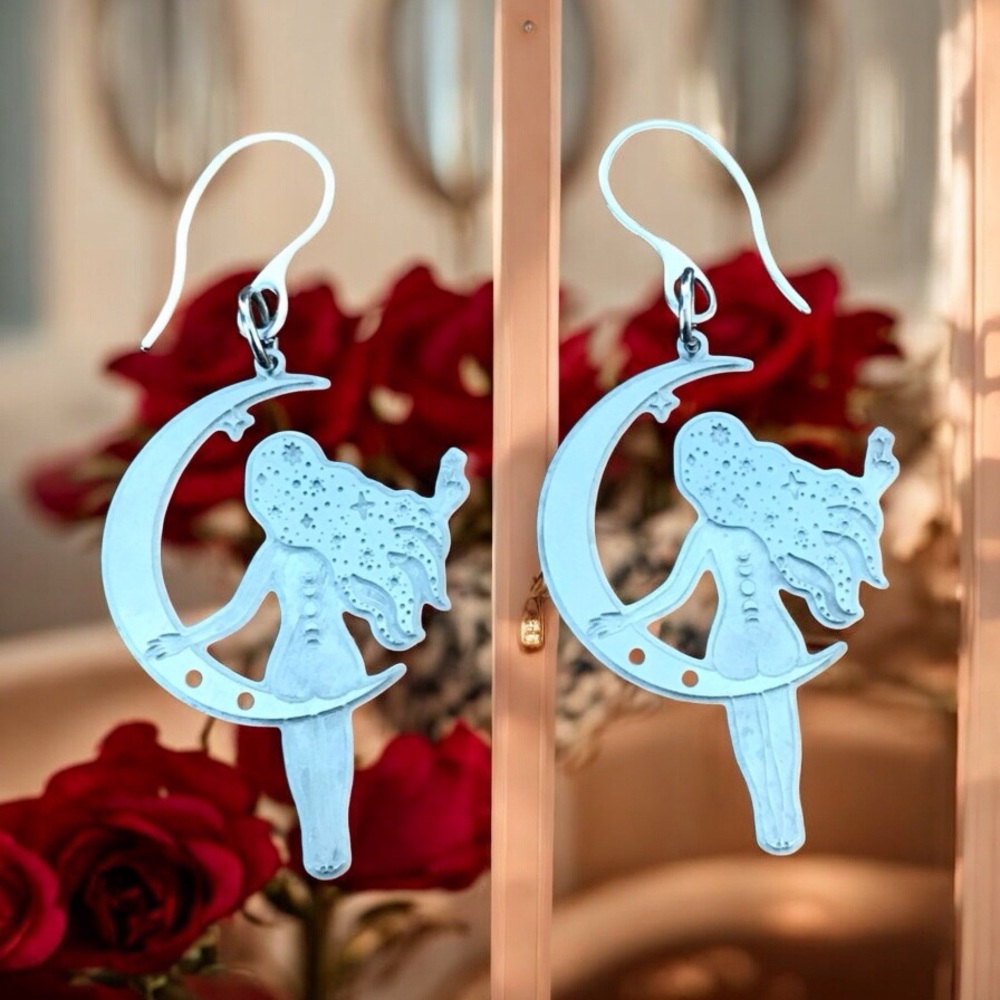 🆕 Girl Sitting on the Moon Laser Etched Earrings Stainless Steel